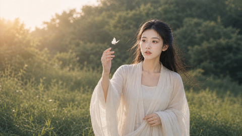 A scene from Baishishu: a woman watches a butterfly among the flowers.