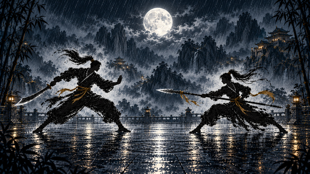 Combat concept art for Ink & Fury: a young swordsman with a saber faces a young woman with a spear in a rain-soaked courtyard at night.